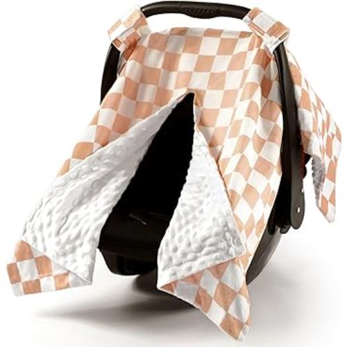 Khaki Checkered Car Seat Cover Baby Boy Girl, Minky Warm Winter Carseat Covers with Opening Soft for Newborn Infant Boys Winter Stroller, Nursing Cover Canopy Gift