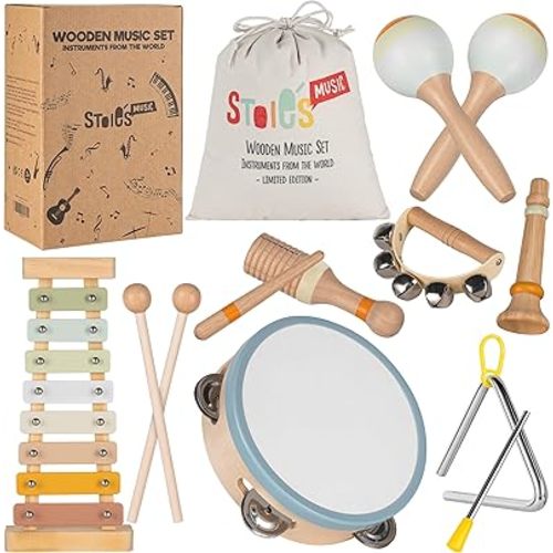 Stoie's Wooden Toddler Musical Instruments with Xylophone, Maracas, Triangle, Tamburine for Babies and Kids, Eco Friendly Montessori Educational Toy