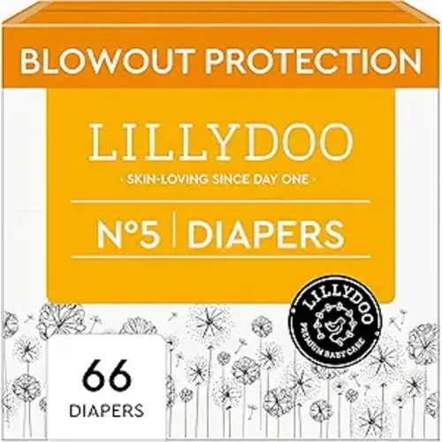 LILLYDOO Baby Diapers - Size 5 (24-35 lbs), Half-Monthly Supply (66 Count), Leak Protection, Skin-Friendly, Ultrasoft, Perfume- & Chlorine-Free, Hypoallergenic, Dermatologist Tested, Oeko-TEX®