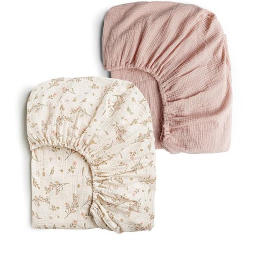 Konssy Muslin Crib Sheets for Girl Floral, 2 PCS Soft and Breathable Cotton Baby Sheets for Standard Crib Mattress, 52"x 28" (Floral, Pink)