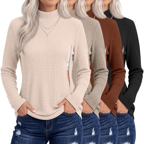 Huukeay 4 Pack Women's Long Sleeve Waffle Nursing Shirts