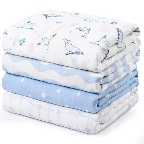 GLLQUEN BABY Muslin Swaddle Blankets 4-Pack Breathable Receiving Blankets (35" x 40") Soft Baby Blankets for Girls and Boys Newborn Essentials Muslin Burp Cloths Swaddle Wrap Baby Gift(Ocean Whimsy)