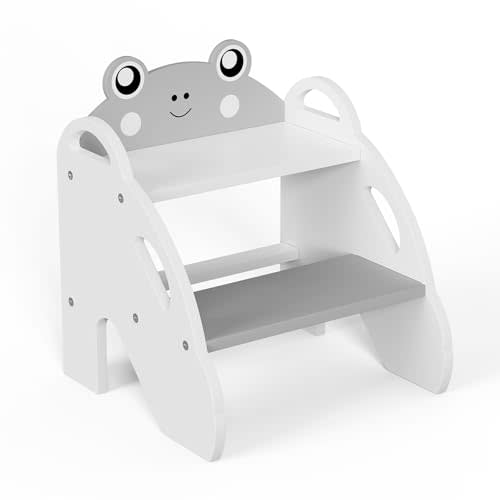 Ndahjahd Wooden Toddler Step Stool for Bathroom Sink,2 Step Stool for Kids,Kitchen Standing Tower,Children Learning Helper Stool with Safety Handles,Cute Kids Step Stool for Potty Training,Gray