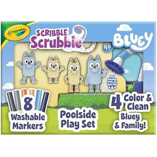 Crayola Scribble Scrubbies Bluey Poolside Playset (4ct), Washable Bluey Toy Set for Kids, Holiday for Toddlers, with Bingo, Chilli, and Bandit, Ages 3+