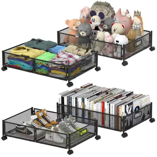 Under Bed Storage Containers,4 Pack Foldable Underbed Storage Containers with Handles and Wheels,Folding Bed Shoes Clothes Organizer,Easy Assembly Underbed Storage for Toy,Bedding,Bedroom(Black)