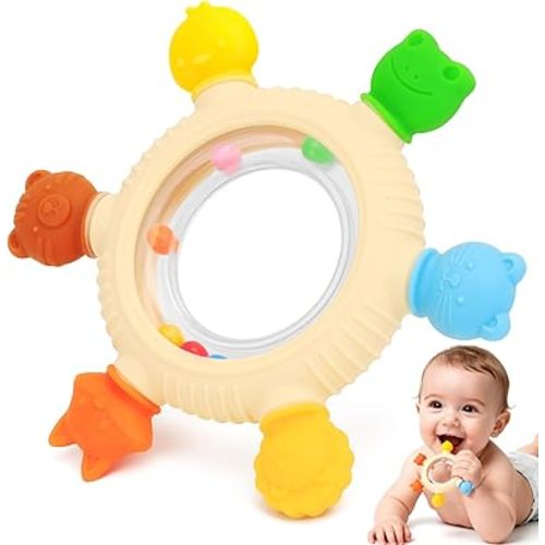 Baby Teething Rings Rattle Toys - BPA-Free Silicone Teether for 0-24 Months Infants & Toddlers, Safe Soft Chew Toys with Rattle Sound, Essential Teething Relief for Babies