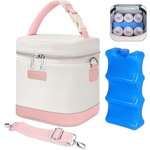 Mancro Breast Milk Cooler Bag with Ice Pack, Baby Bottle Bag Holds 6 Bottles Up to 9oz, Leak-Proof Insulated Storage for Nursing Moms, Daycare or Travel, Pink & Beige