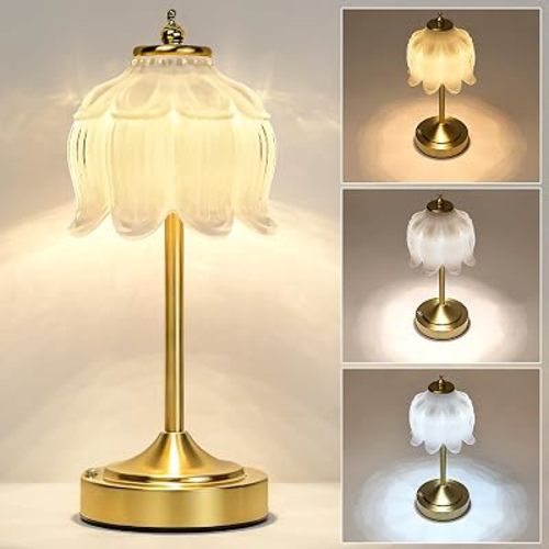White Glass Flower Lamp, Rechargeable Cordless Table Lamp