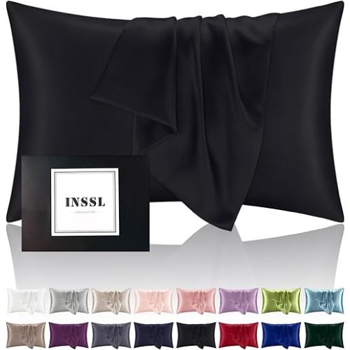 INSSL Silk Pillowcase f Women, Mulberry Silk Pillowcase for Hair and Skin and Stay Comfortable and Breathable During Sleep(Black,Standard)
