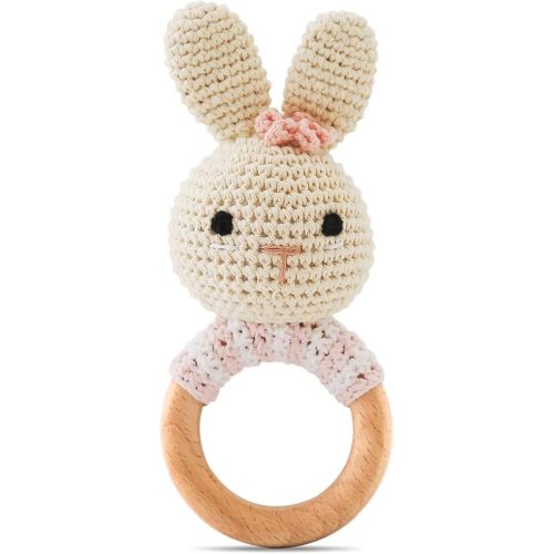 Wooden Baby Rattle,Crochet Bunny Rattle with Wood Ring, Newborn Wooden Animal Rattle Toy,Infant Bunny Wood Rattle Toys,Bunny-2