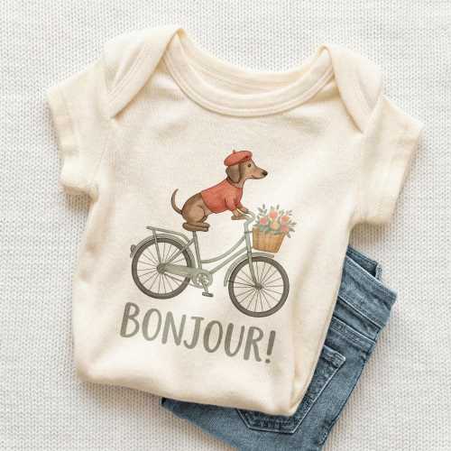 Bonjour Dachshund Baby Onesie - Cute French Dog Bicycle Bodysuit