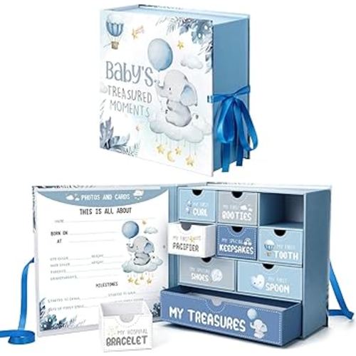 Baby Keepsake Box Newborn Memory Organizer with 9 Labeled Compartments First Keepsake Book Gift Box for Pregnancy Mother"s Day Baby Shower New Maternity(Blue,Blue Elephant)