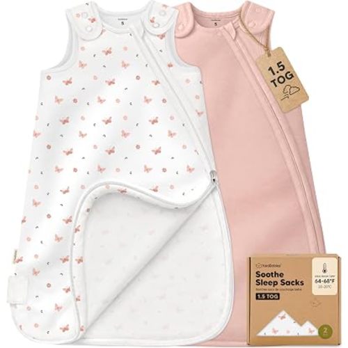 2-Pack Organic Baby Sleep Sacks, 100% Cotton 1.5TOG (Butterflies, 0-6M)