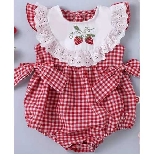 JUST ARRIVED Infant and Toddler Romper - Red White Check with White Collar Strawberry Embroidery and Lace Trim Four Sizes available