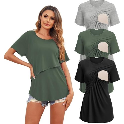 Ekouaer Women's Maternity Shirts Short Sleeves Nursing Tops 3 Pack Double Laye Breastfeeding Tees Pregnancy Clothes S-XXL