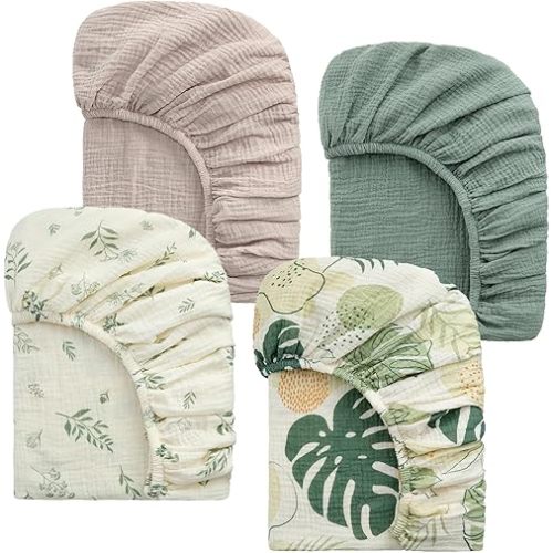Muslin Crib Sheets, 52"x28" Fitted Crib Sheet for Baby Boys and Girls, 4 Pack Soft Cotton Cover for Standard Crib Baby Bed and Toddler Mattress (Leaves, Green)