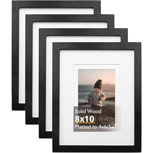 KINLINK 8x10 Picture Frame Black, Solid Wood Frames with Acrylic Plexiglass for Pictures 4x6/5x7 with Mat or 8x10 without Mat, Tabletop and Wall Display Photo Frame, Set of 4