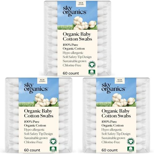 Sky Organics - Organic Baby Cotton Swabs, 60 ct. - Ultra Soft Baby Safe Tips - Strong & Durable - Hypoallergenic - Chlorine Free - Natural, Vegan & Cruelty Free - Skin Care & Baby Care (Pack of 3)