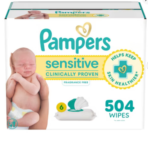 Pampers Baby Wipes Sensitive, Water Based Hypoallergenic and Unscented 504 Total (6 Flip-Top Packs)