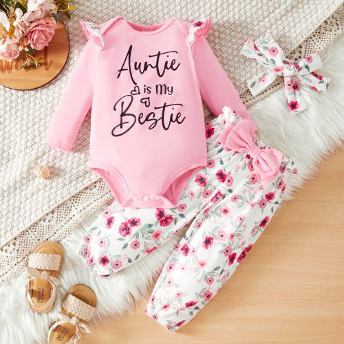PatPat Baby Clothes for Girls Long Sleeve Ruffle Romper Floral Pants with Cute Headband Pink 9-12 Months