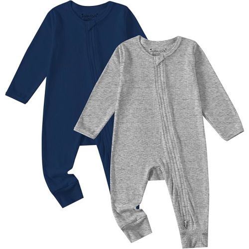 Jimonda Ribbed Rayon From Bamboo Baby Boys/Girls Sleepers, 2-Way Zipper Long Sleeve Footless Pajamas With Mittens Soft Pjs