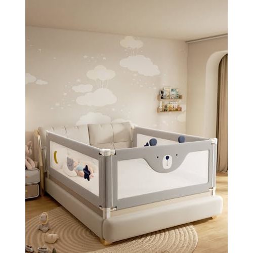 3 Piece Bed Rails for King Size Bed, No-Drill Needed Baby Bed Rail Guard for Toddlers with Height Adjustable, Thickened Child Safety Side Railing Guards/Bedrail for Kids, Grey Bear, 74.8x78.7x78.7in