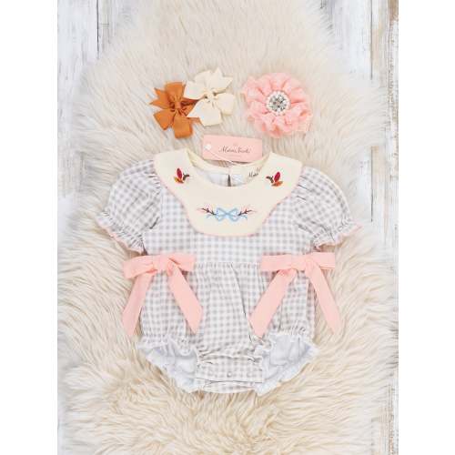Autumn Acorns Bows Embroidered Plaid Bubble Romper