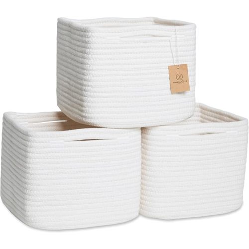 Storage Cubes 9”x9”x7”Cotton Rope Woven Baskets for Organizing 3-Pack | 9 Inch Cube Storage Bin | Small Basket for Shelf Nursery, Pantry, Decorative Plant, Bathroom Closet, Toy Gift