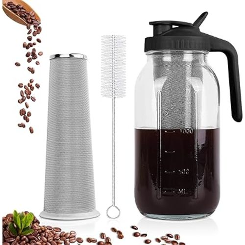 Cold Brew Coffee Maker,64 oz Mason Jar Pitcher with Stainless Steel Filter, Pour Spout Handle Lid, Heavy Duty Glass Airtight & Leak-Proof for Iced Coffee,Tea & Lemonade