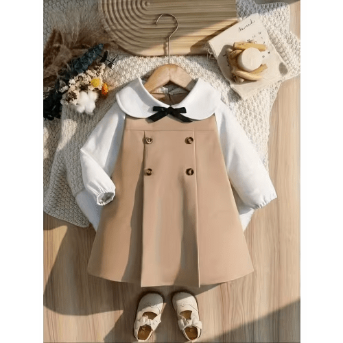 girls cute doll collar button decorated long sleeve dress - Temu