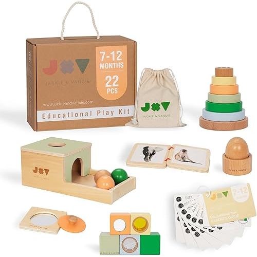 Jackie & Vancie Montessori Toy Set for Babies 7-12 Months Play Kit 6-in-1 Wooden Learning Toys with Object Permanence Box, Ring Stacker, Egg & Cup, Multipurpose Blocks and Mirror Puzzle