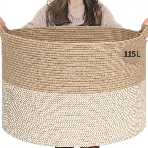 Extra Large Woven Baskets for Storage, Wicker Basket for Living Room Decor Laundry Baskets for Blankets Clothes Pillows Towel Shoe Basket for Entryway, White & Jute INDRESSME 115L