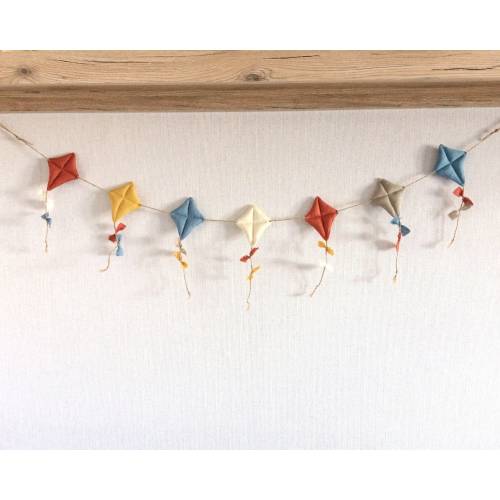 Linen kite garland, Nursery wall decor, Blue gray mustard terracotta garland