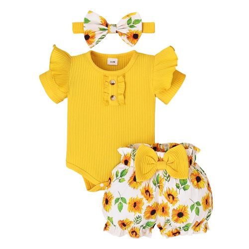 Baby Girl Clothes Summer Outfits Newborn Ruffle Sleeve Infant Flower Butterfly Shorts with Bow Headband 0-18 Months