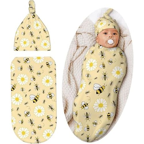 Cute Bee Baby Stuff Swaddle Blanket Set with Beanie Hat for Boys and Girls, Soft Daisy Newborn Swaddle Wrap Receiving Blanket Shower Gift