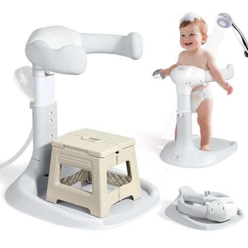 Orzbow Baby Shower Stand, Collapsible Baby Bath Stand with Foldable Chair, Adjustable Height Toddler Shower Standing Support for Infant 6-36 Months, Anti-Slip Base, Easy-Use, Gray