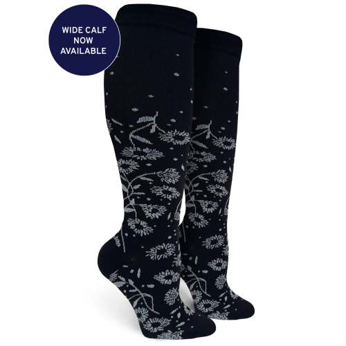 Black And White Floral Womens 15-20 mmHg Compression Socks