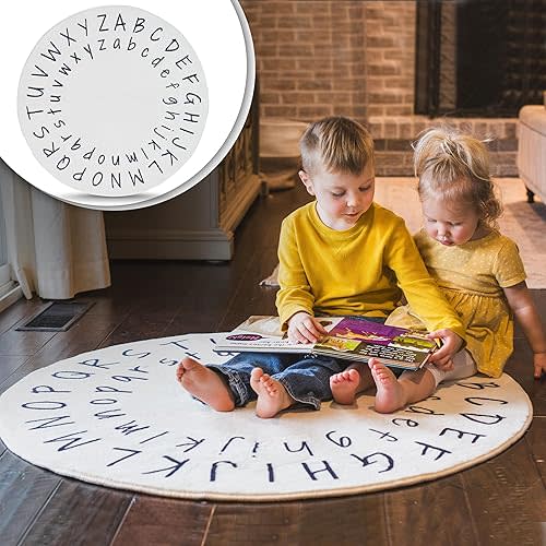 Alphabet Kids Rug - 40" Round, White, Educational, Non Slip, Washable, Soft, Reversible