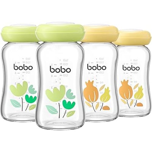 YOHKOH Glass Breast Milk Storage Bottles - 100% Leak-Proof, BPA-Free Breastmilk Storage Containers, Freezer & Dishwasher Safe, Ideal for Nursing Mothers (Multicolor1, 5.4oz (Pack of 4))
