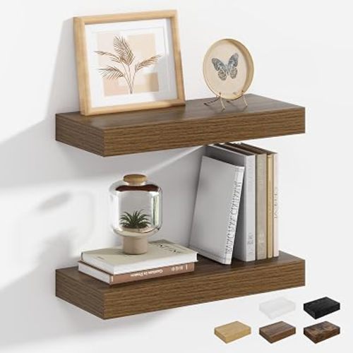 Heimlove 16W x 6.5D Walnut Floating Shelves for Wall,40 cm Wall Shelves Set of 2 with Invisible Brackets for Bathroom Bedroom Kitchen Living Room Shelves for Wall Decor