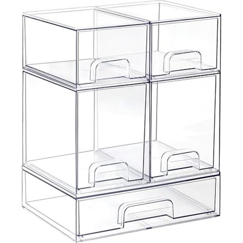 Clear Stackable Storage Drawers, Pull-Out Makeup Organizer, Transparent Baby Bottle Organizer, Storage Bins Suitable for Vanity Tables, Bathrooms, Kitchens (5-Piece Set)