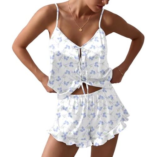 Ekouaer Womens Satin Pajamas Sets Silk Cami Lingerie Pjs Sleepwear | Bow tie front pjs,Sexy satin pajama set,Adjustable Shoulder Straps,Camisole Tops and Ruffle Shorts,Great for Bridal Party