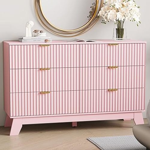 6 Drawer Dresser for Bedroom, Fluted Dressers Chest of Drawers with Gold Handle, Mid Century Modern Dresser for Closet, Wood Closet Storage Organizer Furniture for Bedroom, Living Room, Hallway, Pink