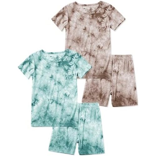 Jimonda Kids Soft Rayon From Bamboo Sleepwear Short Sleeve Boys Girls Pajama Outdoor 4-Piece tops&shorts Casual sets Tie PJ