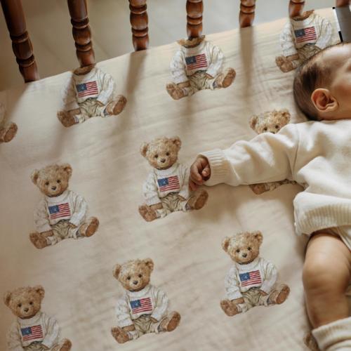 Cozy Preppy Bear Pattern Baby Fitted Crib Sheet | Nursery Bedding