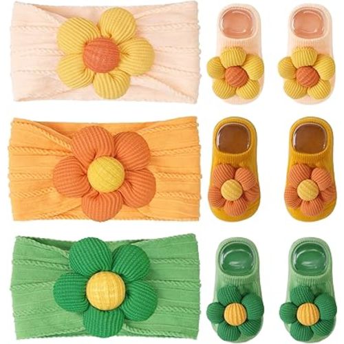 CÉLLOT Baby Girl Headband and Socks, Non-Slip Floral Socks and Soft Floral Nylon Hairbands for Babies Infants and Toddlers (Salmon+Yellow+Green)