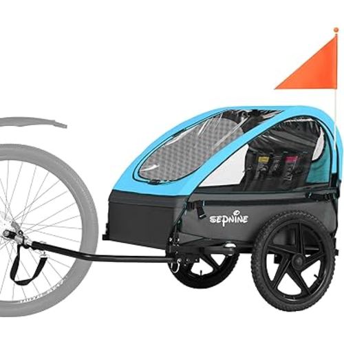 Sepnine Kids Bike Trailer, Suitable for 1 to 2 Kids, 12+ Months, Quick Attach to Bike, Foldable, with 5-Point Harness and Storage Bags