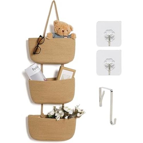 ANTIS'S HOME Over The Door Organizer Hanging Basket, 3-Tier Woven Cotton Wall-Mounted Nursery Storage Organizer Bag Boho Decorative Hanging Nursery Baskets for Living Room Bedroom - Honey