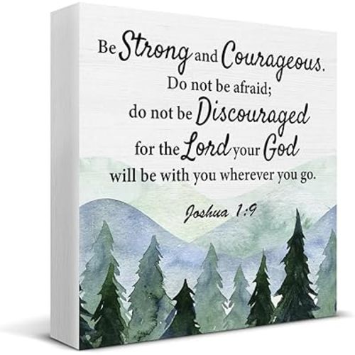 Christian Decor, Inspirational Bible Verse Desk Decor, Motivational Be Strong and Courageous Quote Joshua 1:9 Wood Sign Christian Decoration for Home Office Nursery Desk Shelf Table 5 X 5 Inch
