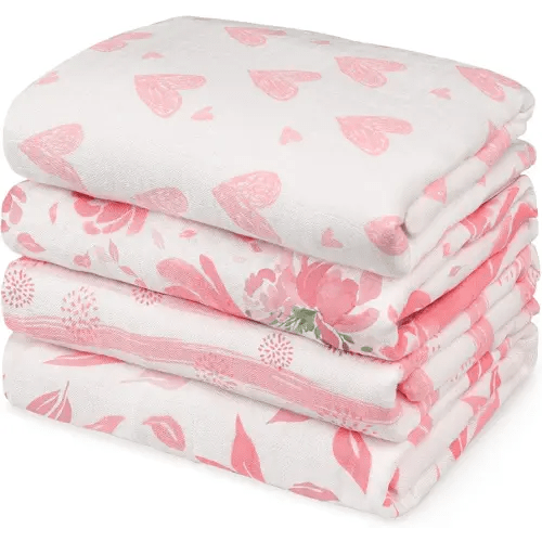 GLLQUEN BABY Muslin Swaddle Blankets 4-Pack Breathable Receiving Blankets (35" x 40") Soft Baby Blankets for Girls and Boys Newborn Essentials Muslin Burp Cloths Swaddle Wrap Baby Gift (Flower)